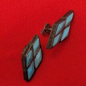 Vintage Turquoise Inlay Diamond Shape Stud Earrings Southwestern Boho Jewelry